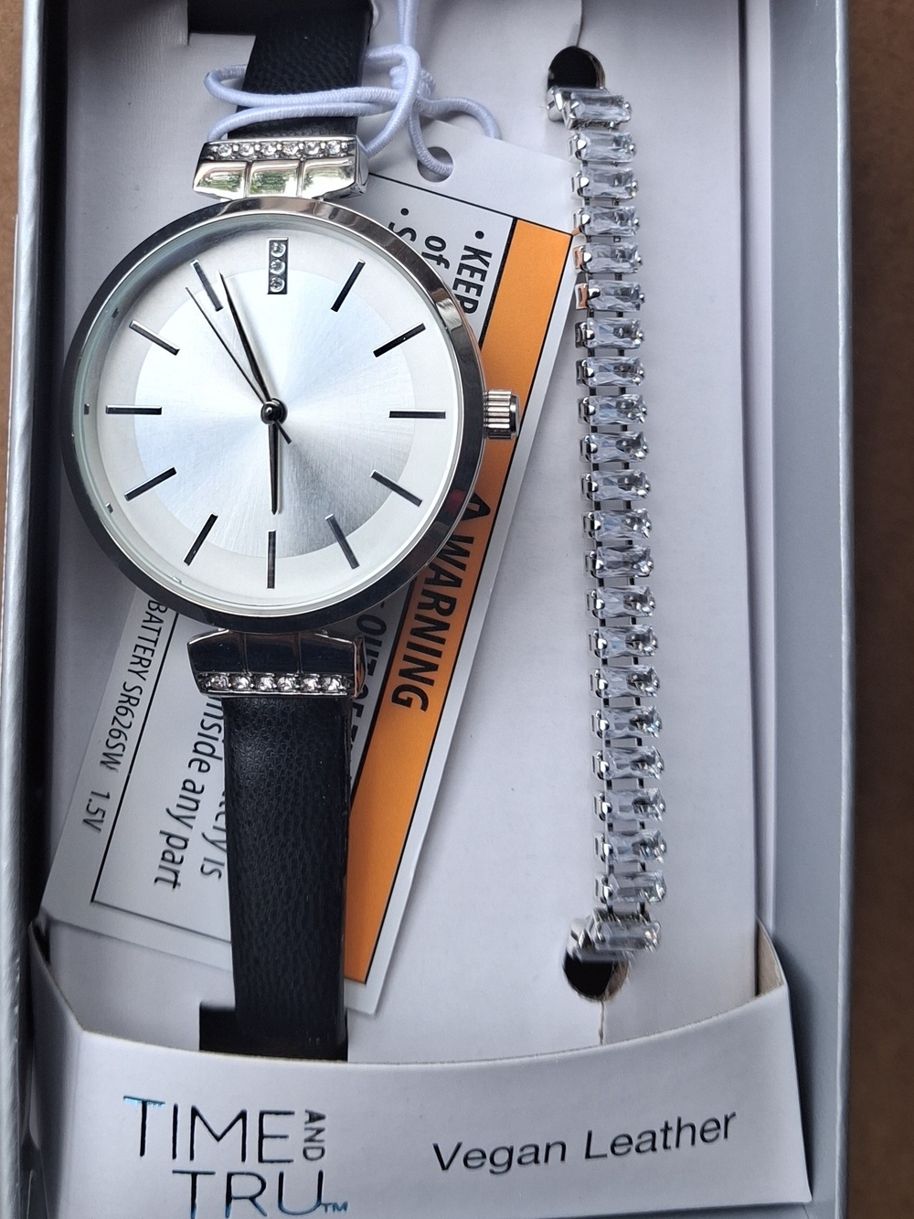 Time and Tru Silver Dial Black Vegan Leather Strap Watch with Crystal Bracelet